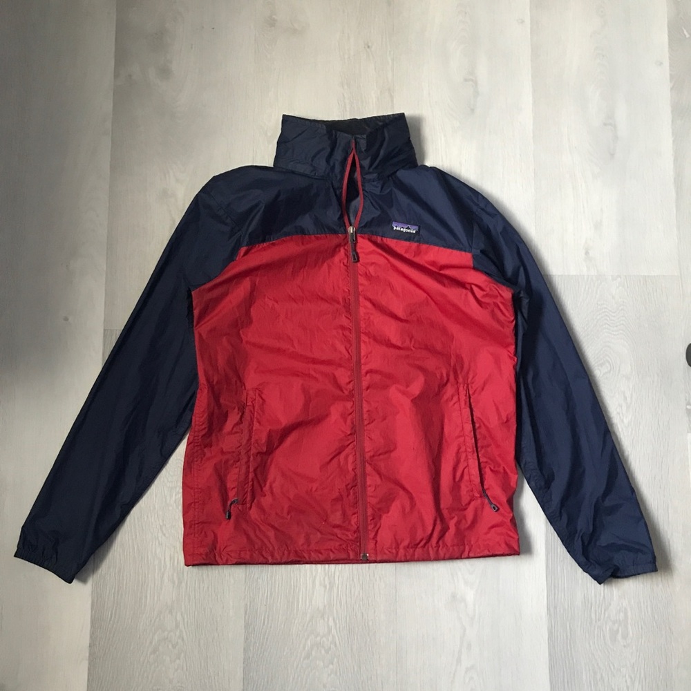 PATAGONIA NAVY RED WINDBREAKER HOODED ZIP UP JACKET MENS SMALL